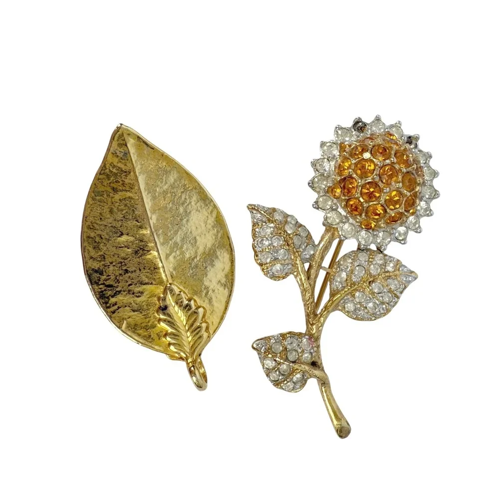 Vintage Estate Gold Tone Rhinestone Flower Brooch & Leaf Pendant Costume Jewelry
